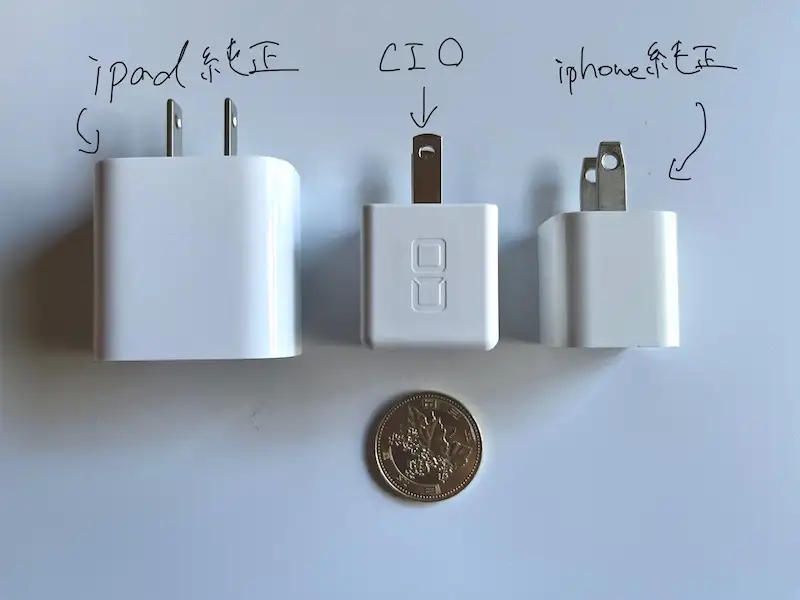 CIOと純正充電器のサイズ比較